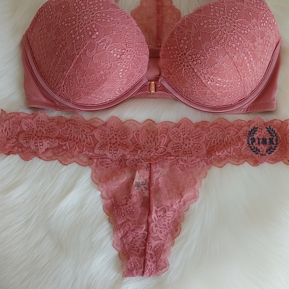 Size 36D🌺 PINK VS DATE PUSH-UP BRA + THONG L - Picture 3 of 8